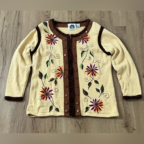 Storybook Knits Full Zip Cardigan‎ Sweater Size L Floral Embroidered & Beaded - Picture 1 of 12
